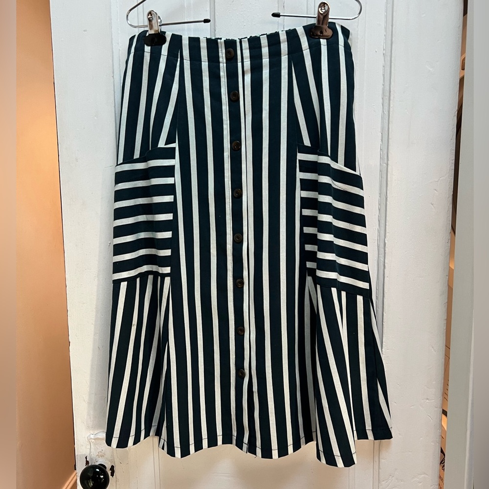 Metrowear Vintage Linen Blend A Line Midi Skirt Navy White Striped Pockets